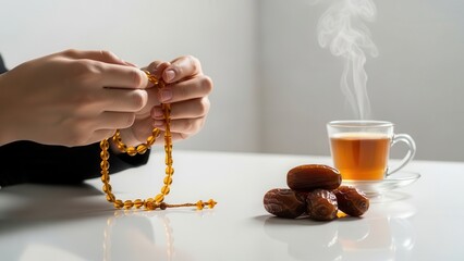 A close-up shot captures hands peacefully counting amber prayer beads (tasbih) alongside steaming tea and dates on a bright white table, emphasizing a spiritual mood.