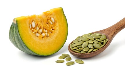 A vibrant still life showcasing a halved kabocha squash alongside a wooden spoon brimming with its nutritious seeds presented on a white surface