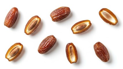 Obraz premium Sweet, rich brown dried dates, scattered whole and halved to show the seeds, captured in a clean overhead studio shot isolated on white.