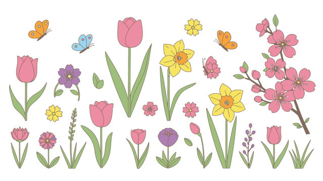 Vibrant spring flowers and butterflies in colorful garden scene