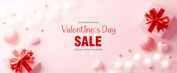 Valentine's Day Sale banner with 3D gifts, hearts, and glowing lights. Perfect for weekend offers.