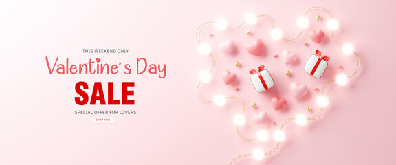 Valentine's Day Sale banner with 3D glowing heart lights, gifts, and hearts. Great for sales.