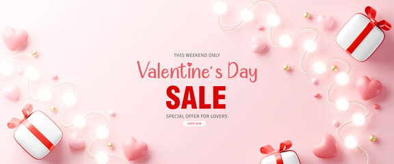 Valentine's Day Sale banner with 3D gifts, hearts, and glowing lights. Perfect for weekend offers.