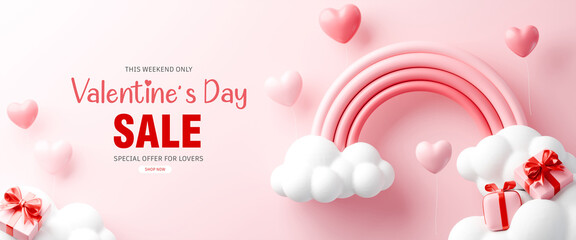 Valentine's Day Sale banner with 3D rainbow, clouds, and hearts. Ideal for festive retail promos.