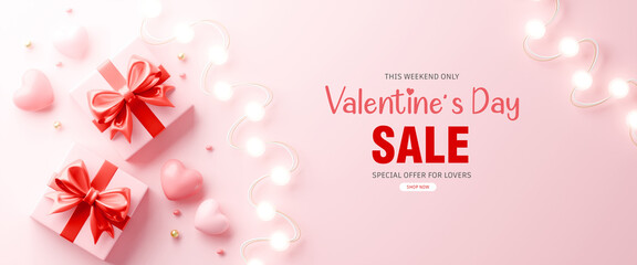 Valentine's Day Sale banner with 3D gifts, hearts, and glowing lights. Perfect for weekend offers.