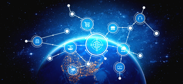 This image depicts a digital network of connections surrounding the Earth, symbolizing the intersection of technology, communication, and global e-commerce. Tessel - Powered by Adobe