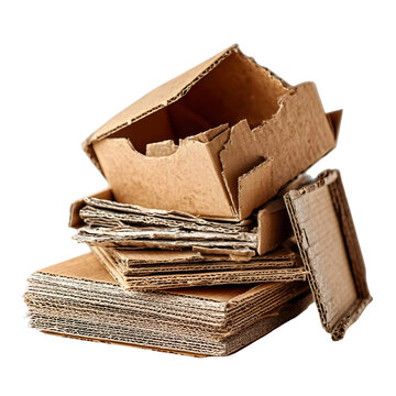 A stack of torn and flattened corrugated cardboard pieces isolated on a white background symbolizing waste and recycling materials