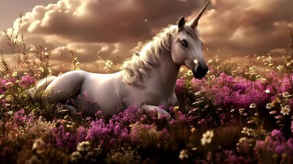 A fantasythemed digital artwork featuring a white unicorn amidst a field of purple flowers under a dramatic sky. The unicorn is depicted in a relaxed pose.