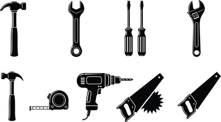 “Black silhouette vector set of construction tools including hammer, wrench, screwdriver, drill, tape measure, and hand saws for professional workshop design”