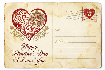 Vintage Valentine's Day postcard with a decorative heart, roses, and "I Love You" message.
