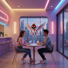 A couple on a date in a futuristic cafe with neon lights and a flying robot Cupid, overlooking a city skyline.