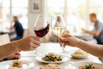 Two people toasting with red and white wine glasses over a table filled with delicious food in a restaurant setting.
