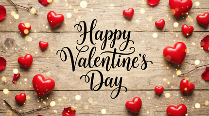 Happy Valentine's Day text on a rustic wooden background with red hearts, rose petals, and sparkling bokeh lights.