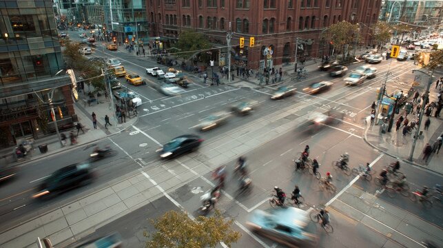 Busy city intersection with traffic and pedestrians during daytime