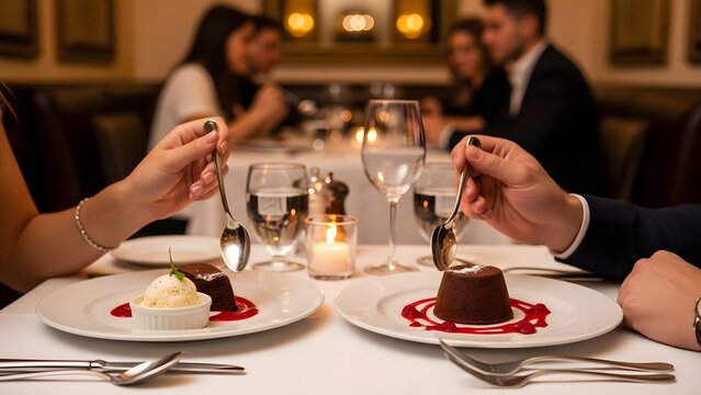 A couple's hands hold spoons over elegant chocolate desserts with ice cream and berry sauce at a romantic restaurant table.