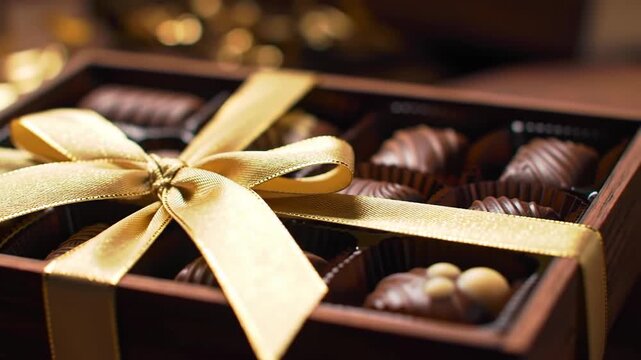 Elegant wooden box filled with assorted chocolates, tied with a golden ribbon, perfect for gifting.