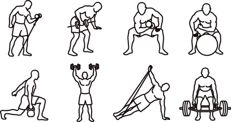 Line art illustrations of men performing various exercises with weights and dumbbells in gym