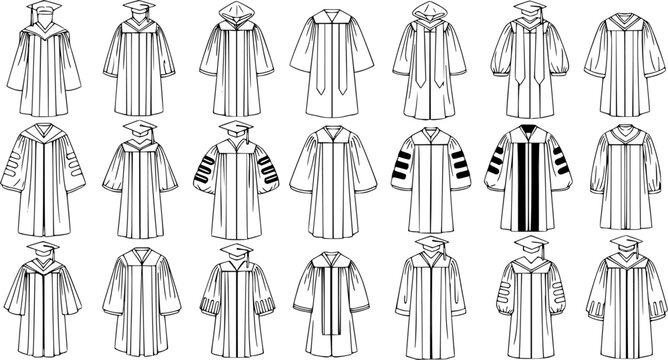 Education Academic Regalia Line Art: Graduation Gowns, Caps, and Hoods Vector Illustration for University, College, and School Ceremonies