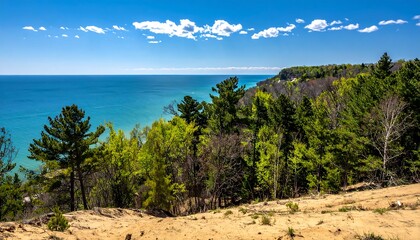 Scenic vista of a vast blue lake meeting a treelined cliff. Sunlit green and brown terrain contrasts with the horizon. A cloud dotted sky