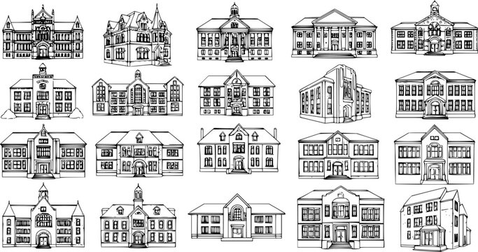 Education  Architecture: Hand-Drawn Black and White Line Art Vector Set of Classic School Buildings, Universities, and Historical Institutions