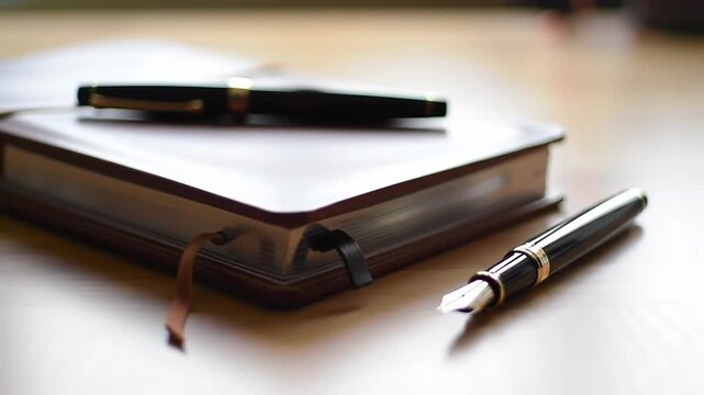 Elegant fountain pens resting on a closed journal, creating a sophisticated and professional atmosphere.