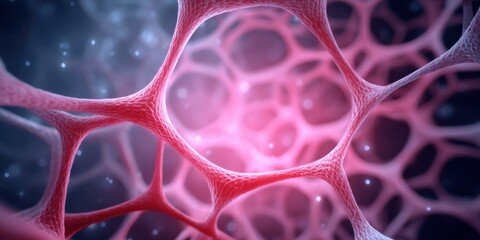 Advanced manufacturing concepts for biomaterials. A close-up view of intricate cellular structures, showcasing delicate networks and vibrant colors, illustrating the complexity of biological systems.