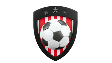 Soccer ball on shield with red and white stripes and stars