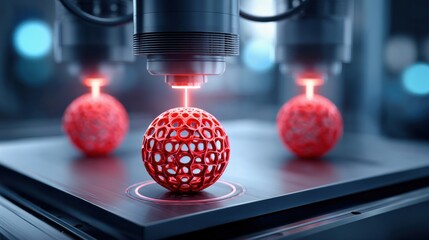 Advanced manufacturing concepts for biomaterials. A vibrant depiction of a 3D printer creating intricate red spherical designs, showcasing advanced manufacturing technology.