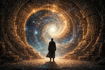 A figure in a cloak stands at the edge of a cosmic portal, surrounded by intricate patterns and bright lights that create a sense of wonder.