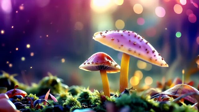 Spring booming. Life. New hope. Season. A vivid, colorful, and detailed mushroom wallpaper with a bokeh effect. The main subject is a large, vibrant mushroom with a purple cap and a yellow stem.