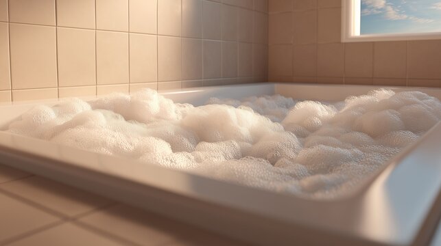 Bathtub full of white foam and bubbles. Concept of relaxation, hygiene, spa, luxury, comfort, and self care. - Powered by Adobe