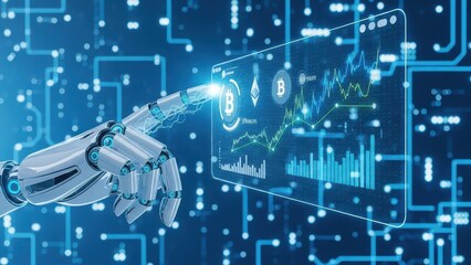 Naklejka premium Robot hand is touching a screen with a Bitcoin symbol on it