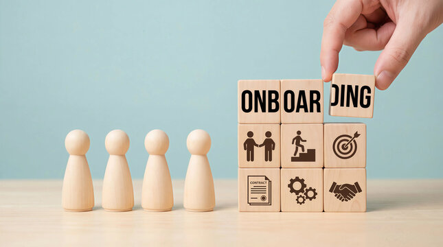 Hand Placing Wooden Blocks for Employee Onboarding Process with HR Icons and Peg Figures