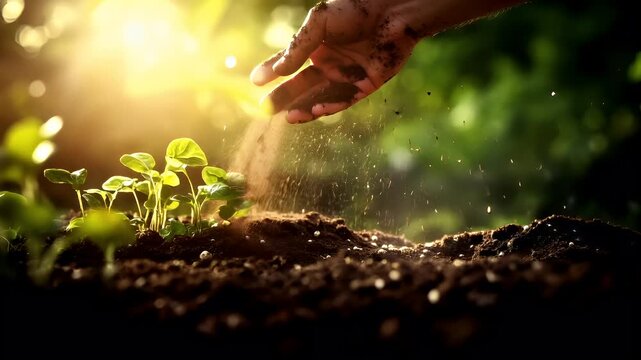 Spring booming. Life. New hope. Season. A closeup shot of a hand sifting dirt into a pot of soil, with sunlight filtering through the leaves, creating a bokeh effect in the background.