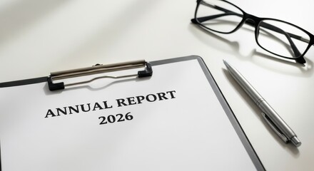 Annual report on a clipboard with pen and glasses on a desk
