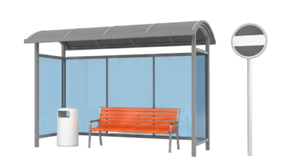 Modern Bus Stop Shelter with Orange Bench and No Entry Sign