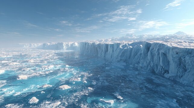 Vast icy landscape with ocean under a clear blue sky - Powered by Adobe
