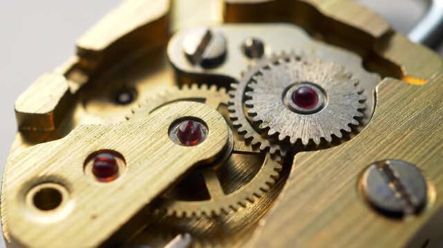 Close-up of intricate clockwork mechanism with gears, screws, and ruby bearings.