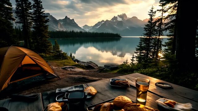A vivid, outdoor scene featuring a wooden picnic table set against a backdrop of a serene lake and towering mountains. The table is adorned with a variety of food items, including croissants, bread.