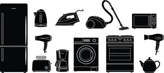 “Modern household appliances collection with kitchen electronics, cleaning tools and home devices illustrated in detailed black silhouette style for versatile vector design use, 