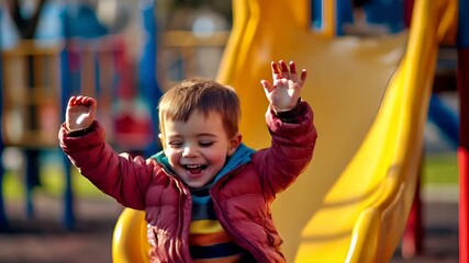 A young child is joyfully sliding down a yellow slide at a playground. The child is wearing a red jacket and blue jeans, with a striped shirt underneath. The slide is a vibrant yellow.