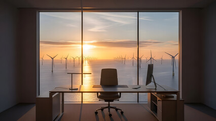 an office view overlooking offshore wind turbines at sunset, symbolizing progress and future energy solutions