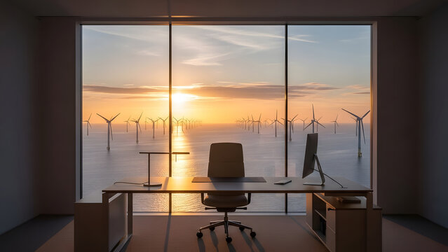 an office view overlooking offshore wind turbines at sunset, symbolizing progress and future energy solutions - Powered by Adobe