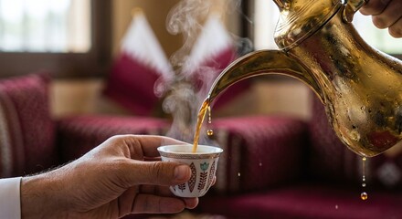 Naklejka premium Qatar National Day hospitality concept with pouring Arabic coffee in traditional setting