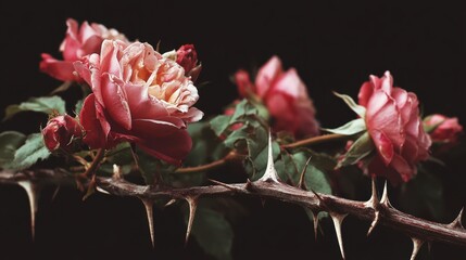 Rose's beauty and Thorns: A delicate display of nature's beauty and resilience, a cluster of roses blossoms gracefully on a branch with formidable thorns. A juxtaposition of beauty and strength.