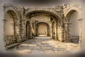 Obraz premium Stone arches form a corridor within a historic building, showcasing a path made of cobblestones and walls made of aged stones, illuminated naturally