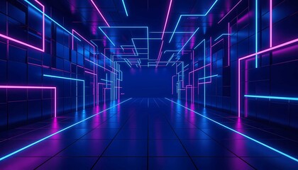 Cyberpunk sci-fi corridor with geometric squares glowing in dark environment