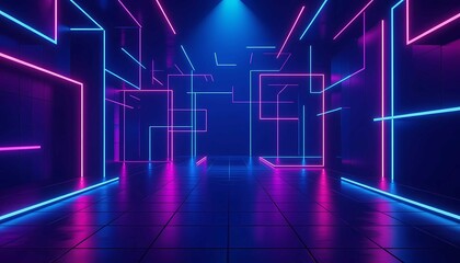 Abstract 3D technology background featuring neon lights in virtual urban space