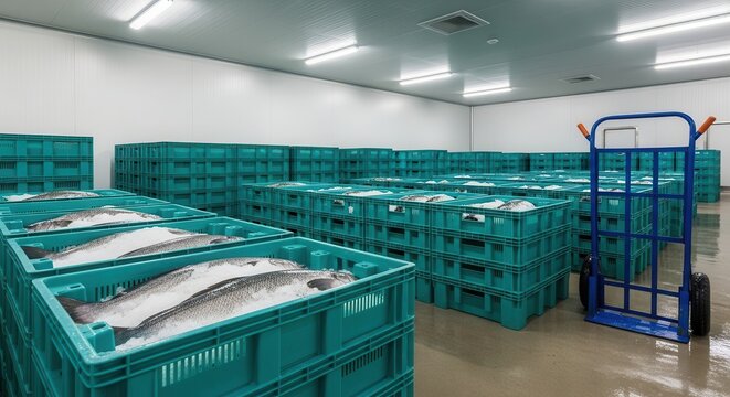 Rows of fresh seafood packed in teal crates within a spacious cold storage warehouse, awaiting distribution.