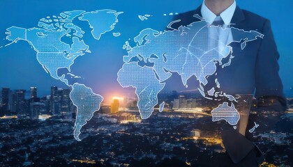 Global Business Expansion - Businessman with World Map Overlay and Cityscape.